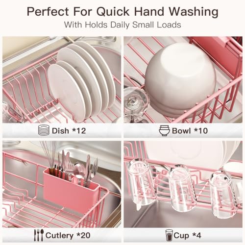 Pink Expandable Dish Drying Rack Over Sink with Anti
