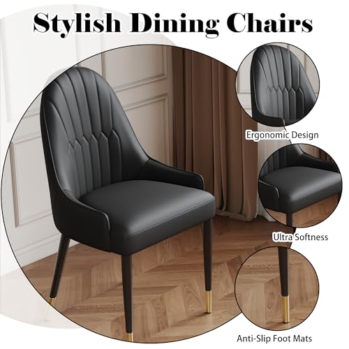 Black Dining Chairs Set of 2 with High Backs Mid Century Modern Kitchen Dining Room Chairs PU Faux Leather Upholstered Large Padded Accent Chair with Legs (2 Count)
