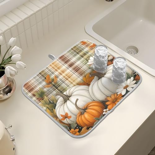 Autumn Fall Thanksgiving Dish Drying Mat for Kitchen Counter Absorbent Microfiber Orange White Pumpkin Large Drying Pad Dish Mats for Kitchen Countertops 18 x 24 Inch