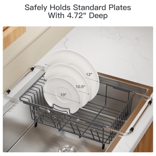Grey Expandable Dish Drying Rack Over Sink with Extra Drying Mat