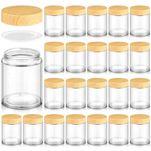 24 Pcs 6oz Glass Jars with Lids Empty Small Glass Containers and Inner Liners Reusable Cosmetic Jars Round Airtight Bottles with Plastic Wood Grain Lids for Travel (24 Count)