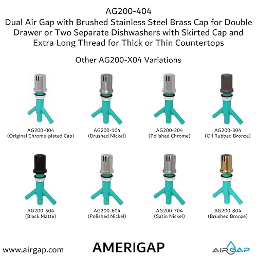 Dual Air Gap with Brushed Stainless Steel Brass Cap for Double Drawer or Two Separate Dishwashers with Skirted Cap and Extra Long Thread for Thick or Thin Countertops