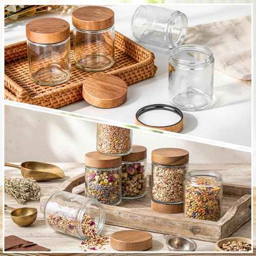 24 Pcs 8oz Glass Jars with Lids Empty Small Glass Containers and Inner Liners Reusable Cosmetic Jars Round Airtight Bottles with Plastic Wood Grain Lids for Travel (24 Count)