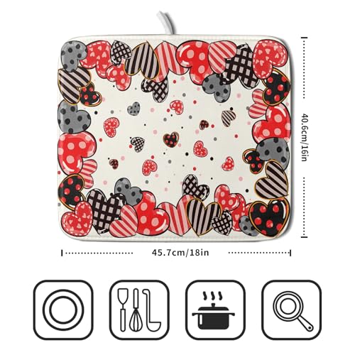 Red Heart Dish Drying Mat 16"x18" Love Dots Microfiber Dish Drainer Rack Mat Holiday Absorbent Fast Dry Pad for Kitchen Counter Home Decor
