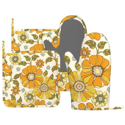 Retro 70s Style Flower Oven Mitts and Pot Holders Sets Silicone Kitchen Mitts Potholders Heat Resistant 4Pcs Oven Gloves Hot Pads for Kitchen Baking Cooking BBQ Grilling (4 Count)