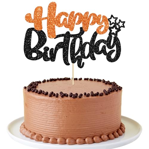 1Pcs Happy Birthday Cake Topper Glitter Happy Birthday Cake Pick for Halloween Baby Shower Theme Anniversary Party Cake Decorations Supplies Black Orange