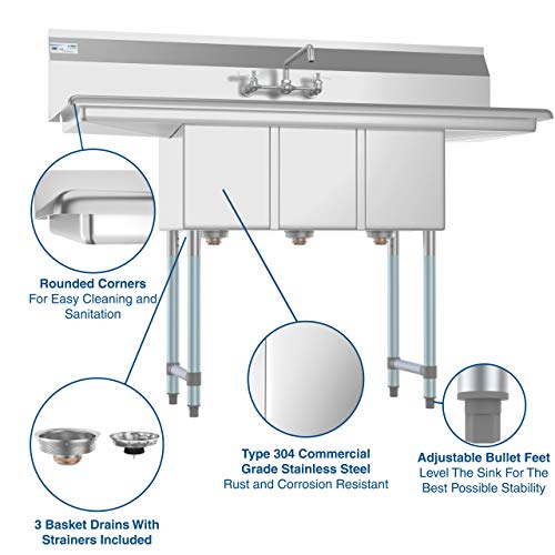 3 Compartment Stainless Steel NSF Commercial Kitchen Sink with Faucet and Cross braced Legs
