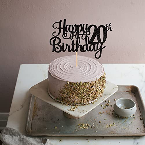 1 PCS Happy 20th Birthday Cake Topper Glitter Cheers to 20 Years Birthday Cake Pick Twenty 20 Fabulous Cake Decoration for Happy 20th Birthday Theme Party Decorations Supplies Black