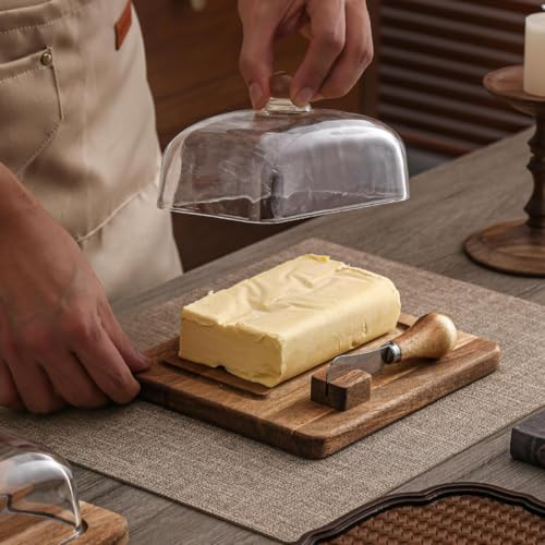 Glass & Acacia Wood Butter Dish with Airtight Glass Lid & Serving Knife
