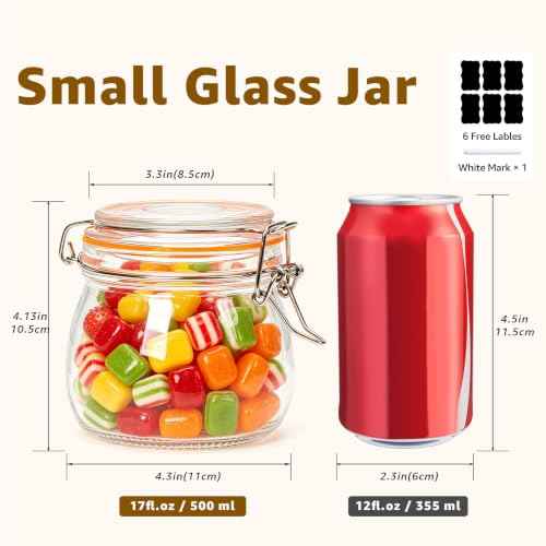 Small Glass Storage Jars with Airtight Lids Wide Mouth 17 oz 6 Pack (6 Count)
