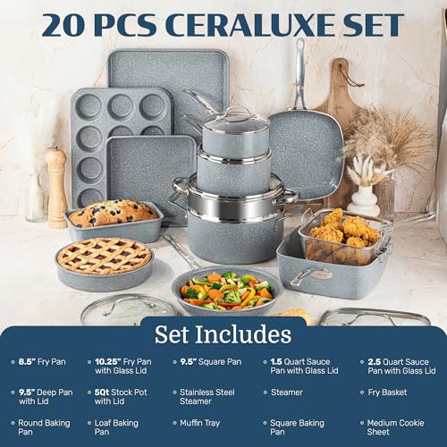 Ceraluxe 20Pc Pots and Pans Set Non Stick Ceramic Cookware Set