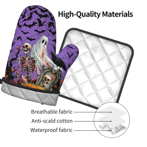 Halloween Pumpkin Oven Mitts and Pot Holder Set of 2 Spooky Ghost Bat Heat Resistant Kitchen Gloves Hot Pad for Baking Cooking Grilling BBQ