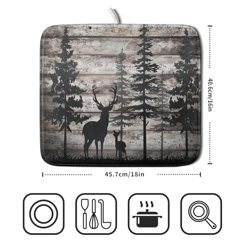 Forest Deer Dish Drying Mat Wildlife Animal Decorative Microfiber Dishes Pad 16x18 Inch Absorbent Reversible Kitchen Counter Drainer Mats