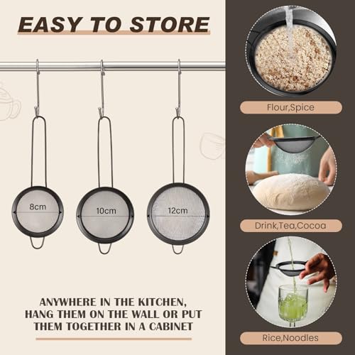 4 Quart Black Colander and 3 Metal Fine Mesh Strainer Set (4 Count)