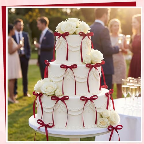 30 Pack Bow Cake Toppers Wine Red Ribbon Bows for Cake Back to School Decor (30 Count)
