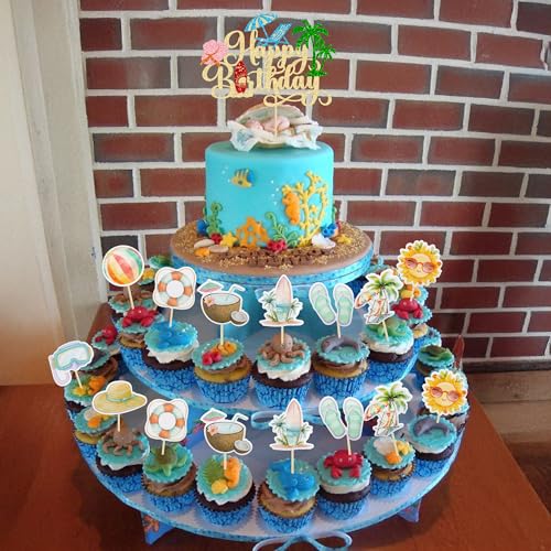 37Pcs Summer Beach Pool Cupcake Toppers Glitter Beach Happy Birthday Cake Topper Ball Sun Umbrella Water Gun Cupcake Picks for Tropical Hawaii Theme Birthday Party Decorations Supplies Gold (37 Count)