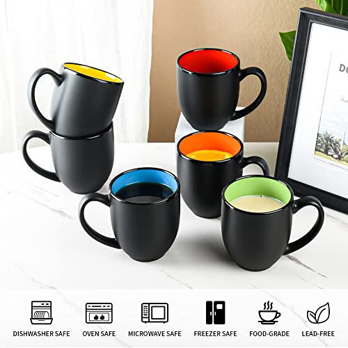 16oz ceramic Coffee Mug Sets with Large Handles Matte Black Porcelain Mug Multiple colors Cups for Coffee (6 Count)