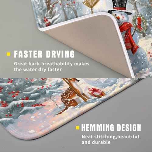 Winter Snowman Dish Drying Mat for Kitchen Counter Red Bird Berry Dishes Drainer Mats Holiday Microfiber Absorbent Dish Rack Pad 16x18 Inch