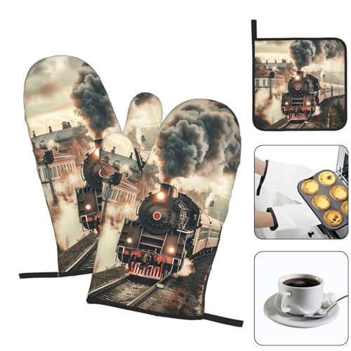 Train Travelling Oven Mitts and Pot Holders Sets of 3 Heat Resistant Oven Gloves Hot Pads Non (4.33 Count)
