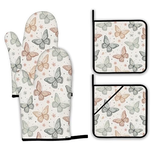 Butterfly Vintage Oven Mitts and Pot Holders Set (4 Count)
