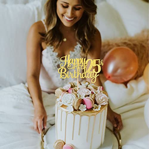 1 PCS Happy 25th Birthday Cake Topper Gold Glitter Cheers to 25 Years Birthday Cake Pick 25 Fabulous Cake Decoration for Happy 25th Birthday Theme Party Decorations Supplies