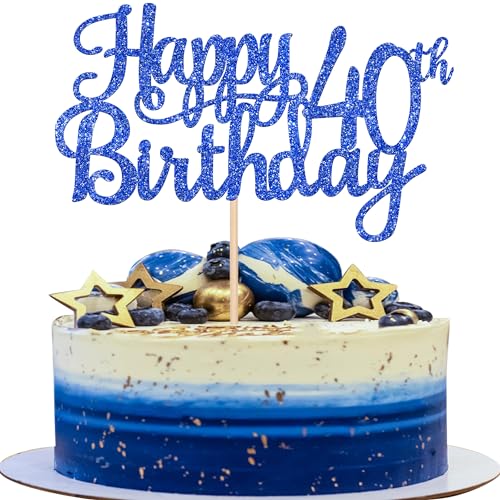 1 PCS Happy 40th Birthday Cake Topper Glitter Cheers to 40 Years Birthday Cake Pick 40 Fabulous Cake Decoration for Happy 40th Birthday Anniversary Party Decorations Supplies Blue