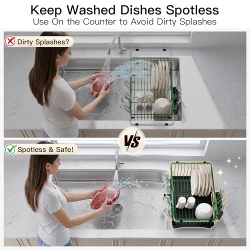 Green Dish Drying Rack in Sink with Drainboard and Utensil Holder