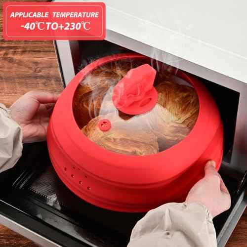 Tall Microwave Splatter Cover Glass Cover Guard Lid 7 inch Height with Collapsible Silicone for Food Pot Plate 10 inch Red