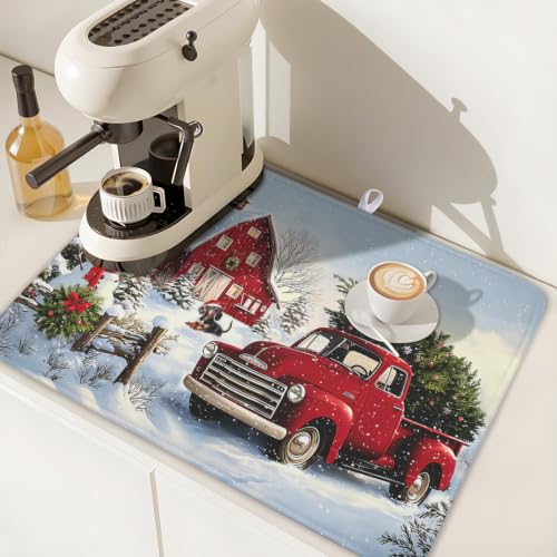Red Truck Dish Drying Mat Winter Xmas Tree Drainer Rack Pad 18"x24" Microfiber Absorbent Quick Dry Dish Sink Mat for Table Kitchen Counter