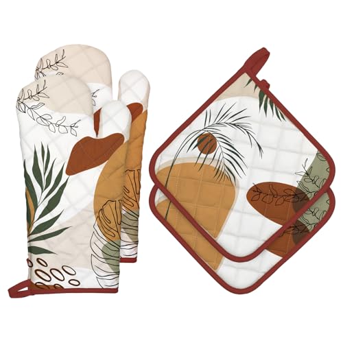 Boho Leaf Oven Mitts and Pot Holders Set (4 Count)