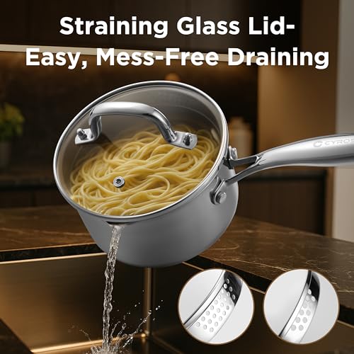 Tri Ply Stainless Steel Sauce Pan with Steamer Basket & Straining Glass Lid