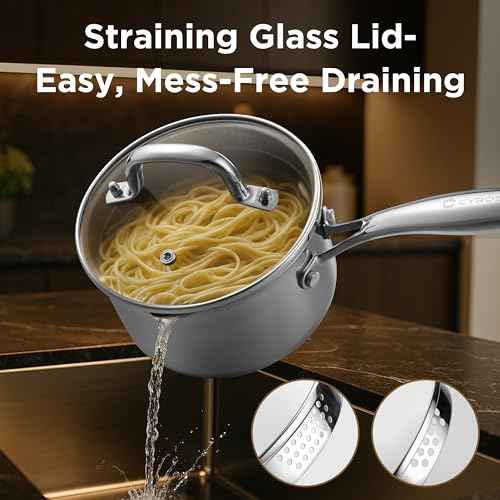 Tri Ply Stainless Steel Sauce Pan with Steamer Basket & Straining Glass Lid