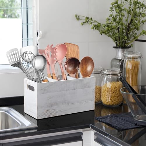 Rustic White Utensil Holder with Removable Divider