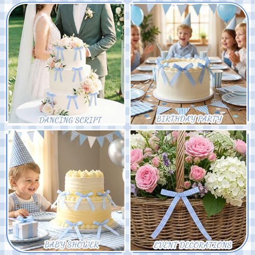 30 Pack Bow Cake Toppers Blue Gingham Ribbon Bows for Cake (30 Count)