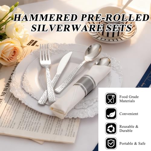 400PCS Silver Wrapped Silverware Set Disposable Hammered for Wedding (400 Count)