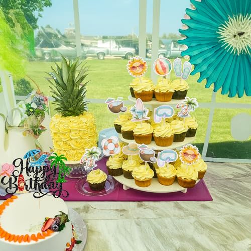 37Pcs Summer Beach Pool Cupcake Toppers Glitter Beach Happy Birthday Cake Topper Ball Sun Umbrella Water Gun Cupcake Picks for Tropical Hawaii Theme Birthday Party Decorations Supplies Black (37 Count)