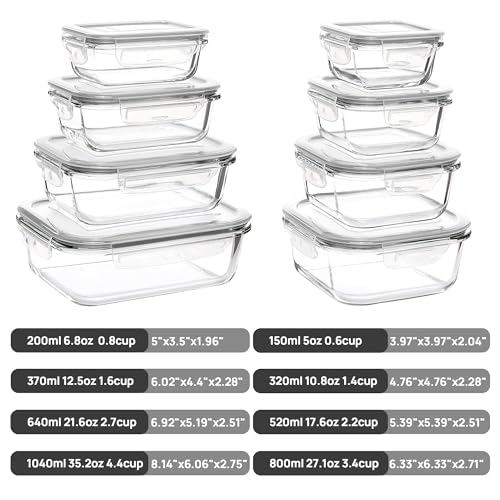 8 Pack Glass Food Storage Containers with Airtight Lids (8 Count)