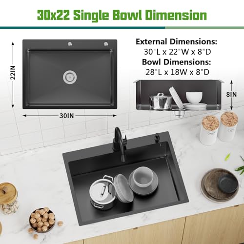 Black 30x22In Drop In Kitchen Sink