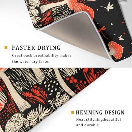 Red Mushroon Dish Drying Mat for Kitchen Counter Black Microfiber Absorbent Dish Pad 24 x 18 in