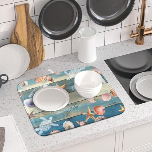 Coastal Starfish Dish Drying Mat Summer Sea Turtle Drainer Rack Mat Absorbent Microfiber Kitchen Countertop Protector Dishes Pad 16x18 inch