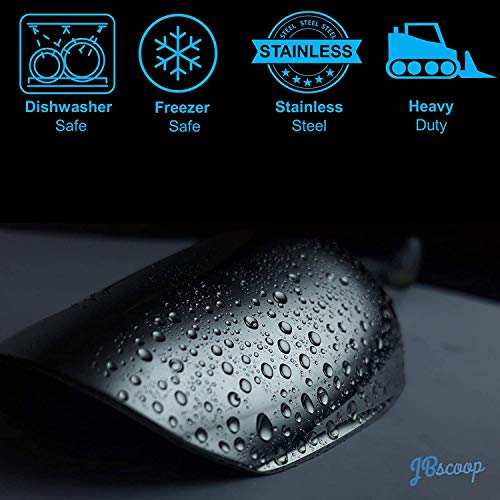 Ice Scoop with Holes. Stainless Steel Ice Scoop with Drain Holes to Reduce Unwanted Dilution. Heavy Duty and Dishwasher Safe. Six Ounce Capacity