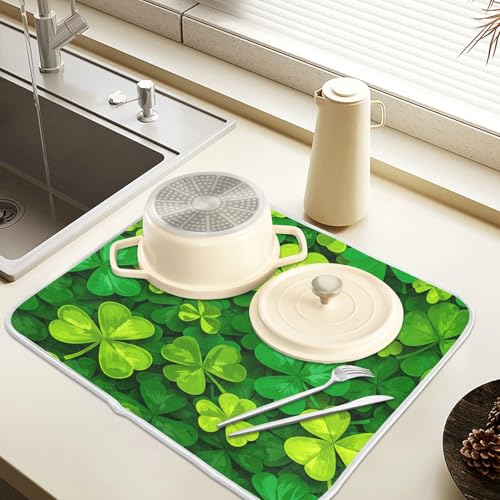 Patricks Day Shamrocks Lucky Clover Leaves Dish Drying Mat for Kitchen Counter Absorbent Microfiber Small Drying Pad Dish Mats for Kitchen Countertops 16 x 18 Inch