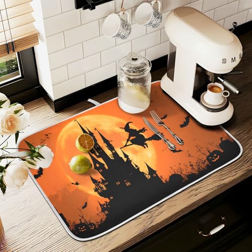 Halloween Witch Bat Castle Pumpkin Dish Drying Mat for Kitchen Counter Absorbent Microfiber Large Drying Pad Dish Mats for Kitchen Countertops 18 x 24 Inch