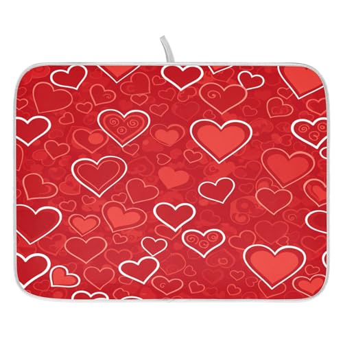 Red Hearts Cute Dish Drying Mat for Kitchen Counter Absorbent Microfiber Large Drying Pad Dish Mats for Kitchen Countertops 18 x 24 Inch