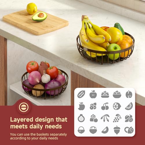 2 Tier Fruit Bowl for Kitchen Counter with Banana Hangers