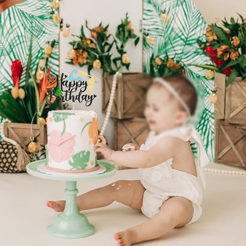 1Pcs Summer Cake Topper Glitter Tree Flower Happy Birthday Cake Pick Decoration for Tropical Hawaiian Luau Theme Baby Shower Kids Birthday Party Cake Decorations Supplies Black