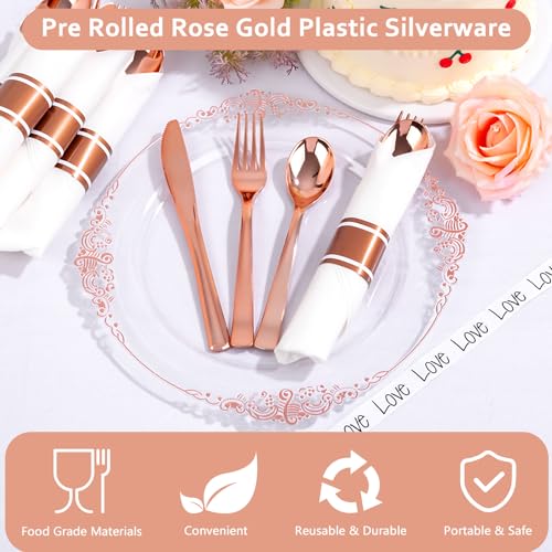 400PCS Pre Rolled Rose Gold Plastic Silverware Heavy Duty for Party (400 Count)