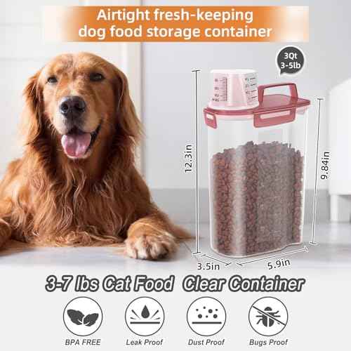 3-5Lbs/3Qt Dog Cat Storage Container Portable with Upgraded Large Spout and Cup. Plastic Pet Food Dispenser for Small Animal Kibble, Bird Seed, Oatmeal, Rice, Flour, Brown Sugart (Clear PInk)