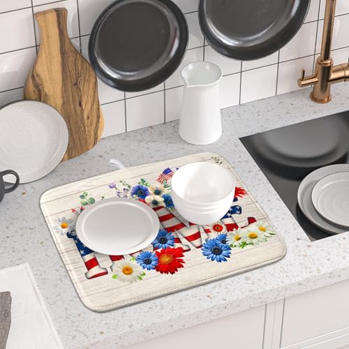 American Flag Dish Drying Mat Home Flowers Absorbent Dishes Pad for Kitchen Counter 16 X 18 In