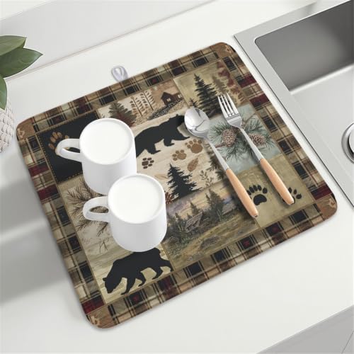 Black Bear Dish Drying Mat Forest Cabin Decorative Dishes Pad 16x18 Inch Absorbent Fast Dry Dish Drainer Rack Mats for Kitchen Counter Sink